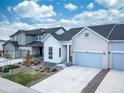 Street view of modern homes with well-maintained lawns and driveways under a bright sky at 195 Silver Rock Trl, Castle Rock, CO 80104