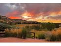 Expansive backyard view with colorful sunset over mountains from stone patio and lush landscaping at 9 Amaranth Dr, Littleton, CO 80127