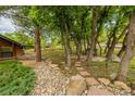 Secluded backyard with mature trees, stone accents, and a cozy sitting area, perfect for relaxation and enjoying nature at 19 Rock Ln, Castle Rock, CO 80104