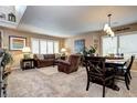 Bright living room features cozy seating, carpeted floors, and an adjacent dining area for easy entertaining at 4907 Fenwood Dr, Highlands Ranch, CO 80130