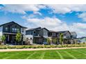 Beautiful street view with a lush green lawn and a row of modern, multi-colored homes at 21176 E 62Nd Dr, Aurora, CO 80019