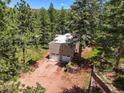 An aerial view of a home's two-car garage surrounded by lush green trees at 6100 Apache Dr, Larkspur, CO 80118