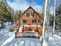 A picturesque log cabin nestled in a winter wonderland setting at 11498 Pauls Ln, Conifer, CO 80433