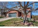 Brick front home with a large tree in the front yard, offering shade and curb appeal at 10486 Cheetah Winds, Lone Tree, CO 80124
