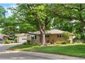 Traditional brick home with a large front yard, mature trees, and an attached two-car garage at 7742 W Florida Dr, Lakewood, CO 80232