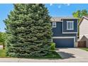 Attractive two-story home with blue siding, white trim, and a two-car garage, partially obscured by a mature evergreen at 104 Willowick Cir, Highlands Ranch, CO 80129