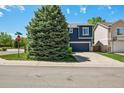 Attractive two-story home with blue siding, white trim, and a two-car garage, partially obscured by a mature evergreen at 104 Willowick Cir, Highlands Ranch, CO 80129