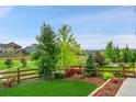 A view of a well-maintained backyard featuring a new lawn and a sturdy fence at 8179 S Kellerman Cir, Aurora, CO 80016