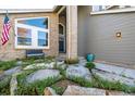 Close-up of the home's front entrance with brick accents, rock garden and a blue door at 8762 Mourning Dove Ln, Highlands Ranch, CO 80126