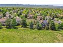 Expansive aerial view of the suburban neighborhood, highlighting the lush greenery and serene mountain backdrop at 848 Huntington Pl, Highlands Ranch, CO 80126