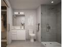 Modern bathroom features a glass-enclosed shower, sleek vanity with storage, and stylish tile flooring at 525 18Th St # 1210, Denver, CO 80202