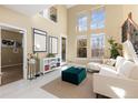 Bright living room with soaring ceilings, large windows, and modern decor at 9228 Sori Ln, Highlands Ranch, CO 80126