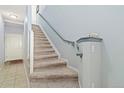Carpeted staircase with light blue walls, white trim, and a handrail, leading to the upper level at 8627 Gold Peak Pl # C, Highlands Ranch, CO 80130
