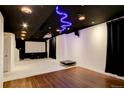 Finished basement theater room with a large screen, projector, and unique ceiling lighting at 13921 Scarlet Sage Ln, Parker, CO 80134