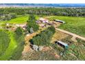 Scenic aerial perspective of sprawling land with mature trees, barns, sheds and a charming residential dwelling at 11475 Us Highway 85, Littleton, CO 80125