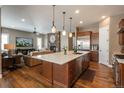 Open-concept kitchen and living room featuring stainless steel appliances, a large island, and a stone fireplace at 10660 Winding Pine Pt, Highlands Ranch, CO 80126