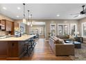 Bright, open-concept living room features hardwood floors, natural light, and modern pendant lighting at 10660 Winding Pine Pt, Highlands Ranch, CO 80126