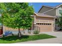 Charming tan-colored home with a two-car garage, a covered entry, and a mature shade tree at 1462 Raindrop Way, Castle Rock, CO 80109