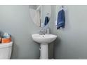 Small bathroom with pedestal sink and oval mirror at 697 N Bersshine Ct, Watkins, CO 80137