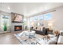 Bright living room featuring a fireplace, ample natural light, and a comfortable gray sofa at 9700 E 63Rd Pl, Denver, CO 80238