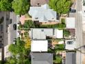 Birds-eye view showcases roof and backyard of home, nestled among mature trees and neighboring houses at 1258 N Downing St, Denver, CO 80218