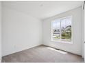 Bright bedroom featuring neutral carpet, white walls, baseboards, and a large window with neighborhood views at 1121 Joseph Pl, Erie, CO 80026