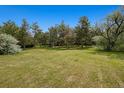 Spacious backyard features a lush lawn and mature trees providing shade and privacy at 4500 S Dasa Dr, Cherry Hills Village, CO 80111