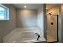 Bright bathroom featuring a soaking tub with white subway tile and a glass-enclosed shower at 9353 Yampa Ct, Commerce City, CO 80022