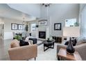 Open-concept living area featuring fireplace, high ceilings, wood floors, and stylish modern furnishings at 4858 S Tibet St, Aurora, CO 80015