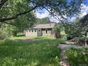 Exterior view of a green home with a brick pathway, surrounded by lush greenery, providing a serene ambiance at 5502 Santa Clara Rd, Indian Hills, CO 80454