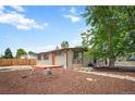 Single story home with a red front door, new landscaping, large shade tree and fenced yard in a quiet neighborhood at 491 Campo St, Denver, CO 80221