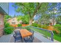 Inviting outdoor deck with a dining table and chairs, perfect for enjoying the serene backyard view at 1321 Ruby Way, Longmont, CO 80504