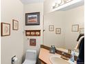 Comfortable bathroom with framed art prints and a light-colored sink at 29857 Park Village Dr, Evergreen, CO 80439
