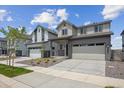 Exterior view of this two-story home featuring a two-car garage and manicured landscaping at 19059 E 94Th Pl, Commerce City, CO 80022
