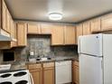Classic kitchen features stainless steel appliances and earth-toned backsplash for a cozy cooking space at 1390 Emerson St # 107, Denver, CO 80218