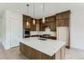Spacious kitchen with an island, quartz countertops, custom cabinets, and stainless steel appliances at 34 Leafy Aster Ln, Castle Rock, CO 80104