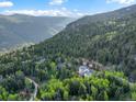 Aerial view of a home nestled in lush greenery surrounded by mountains at 1194 Snyder Mountain Rd, Evergreen, CO 80439