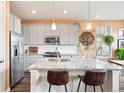 Modern kitchen featuring stainless steel appliances, granite countertops, and stylish pendant lighting at 8552 W San Juan Ave, Littleton, CO 80128