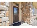 Inviting front door with decorative glass, set within a stone-accented entryway at 12258 Hazel Spruce Ct, Parker, CO 80134