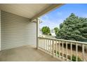 Covered front porch with white railings and view of landscaped yard at 9620 Mallard Pond Way, Littleton, CO 80125