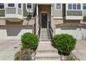 Front entrance featuring a set of stairs leading to a covered doorway flanked by green shrubbery at 3680 S Beeler St # 5, Denver, CO 80237