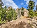 Scenic view of the drive leading up to the home surrounded by natural rock outcroppings and lush pine trees at 24354 Eagle Cliff Trl, Conifer, CO 80433
