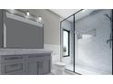 Modern bathroom featuring a glass enclosed shower, gray vanity, and sleek fixtures at 115 W 2Nd Ave # 104, Denver, CO 80223