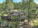 An aerial view of the home showing its position surrounded by mature trees and rocky terrain at 28251 Shadow Mountain Dr, Conifer, CO 80433