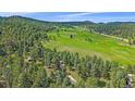 Expansive aerial view of a lush landscape with a meandering road and a charming home nestled within the trees at 26085 Amy Cir, Conifer, CO 80433