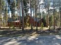 View of a wooded estate featuring a log home through the trees and a paved road at 47 Forest Cir, Breckenridge, CO 80424