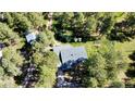 Aerial view of a home nestled among mature trees, featuring a spacious lot and serene setting, offering privacy at 5777 County Road 154, Elizabeth, CO 80107