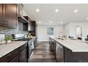Modern kitchen featuring stainless steel appliances, dark wood cabinets, and marble countertops at 260 Upper Glenway Rd, Palmer Lake, CO 80133
