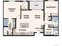 Floor plan featuring primary suite, bedroom 2, great room, dining room, and kitchen at 487 Interlocken Blvd # 408, Broomfield, CO 80021