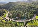 Stunning aerial view of the home nestled among lush green trees, showcasing its serene and private location at 27383 Highway 74, Evergreen, CO 80439